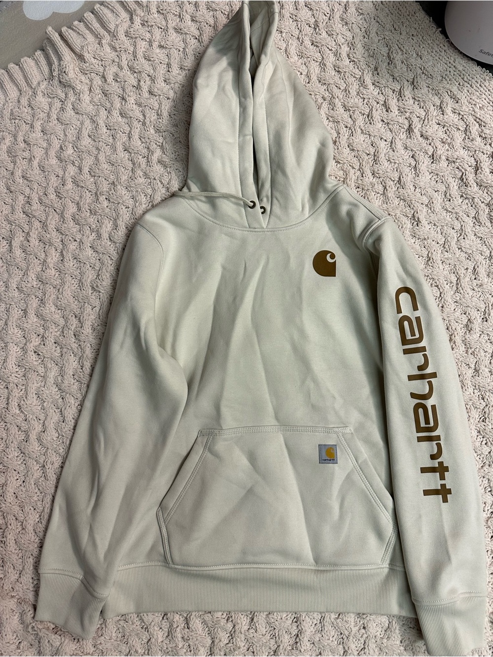 Carhartt womens Cream Pullover Hoodie with Gold Logo Sleeve